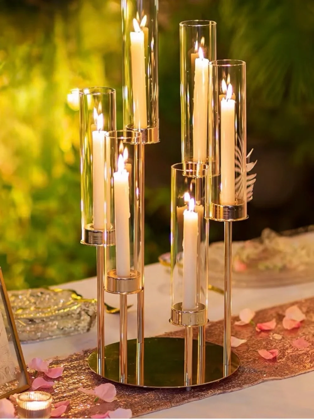 Gold Glass Hurricane Candle Holder Centerpiece - Elegant Home Accent